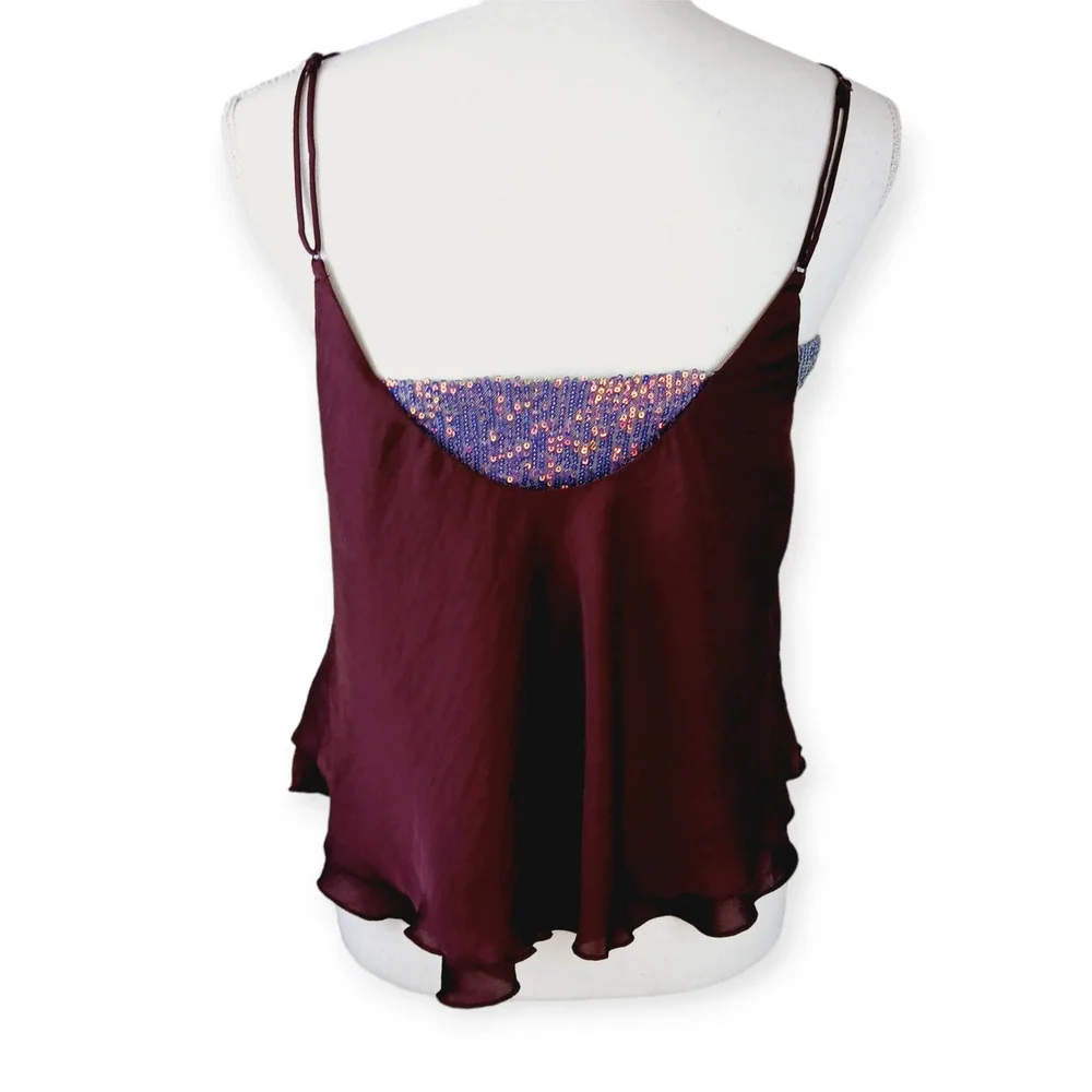 Free People SZ M Turn It On Cami Merlot Sequin Embellished Inset OB1064843